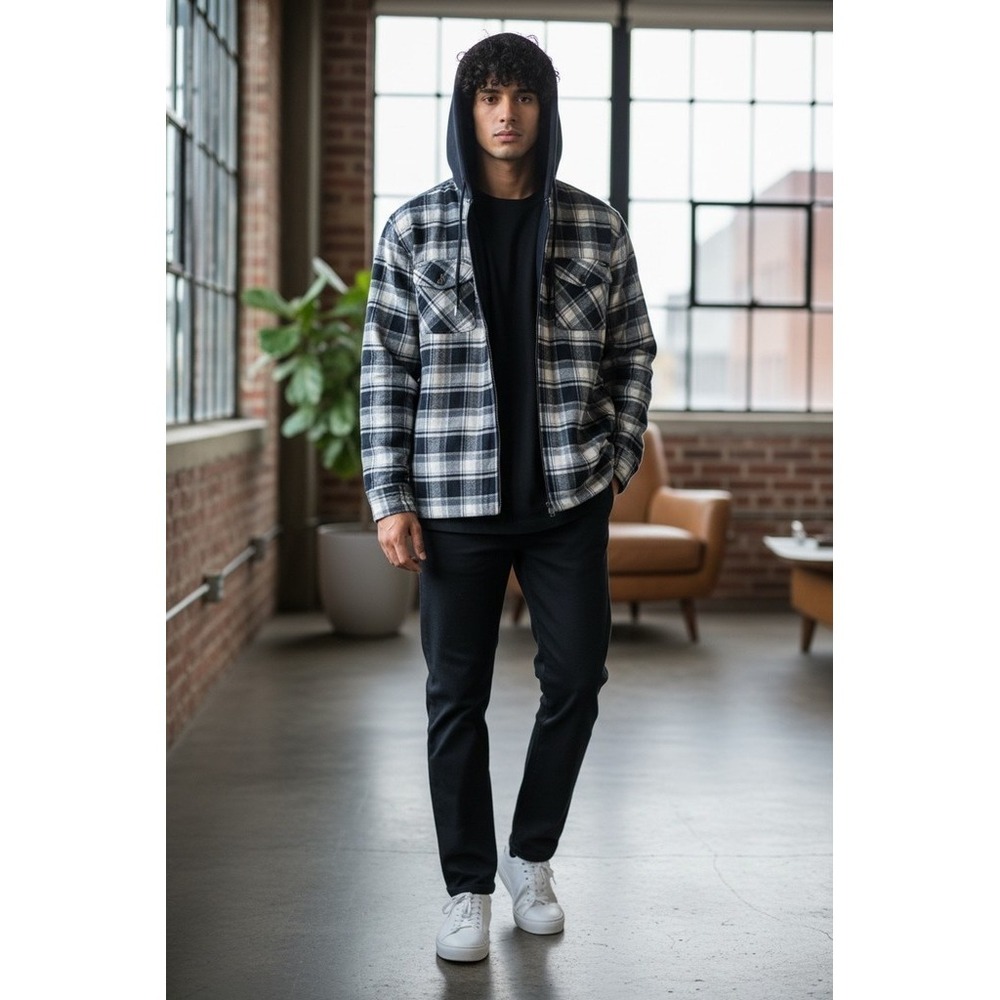 Craftsman Jacket Mens M Plaid Hooded Quilted Lined Full Zip workwear shacket